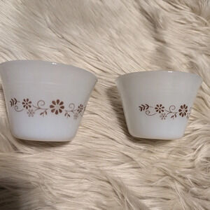 Vintage retro Set 2 Pyr-o-Rey DYNAWARE Brown Daisy Custard Cups Ramekins floral